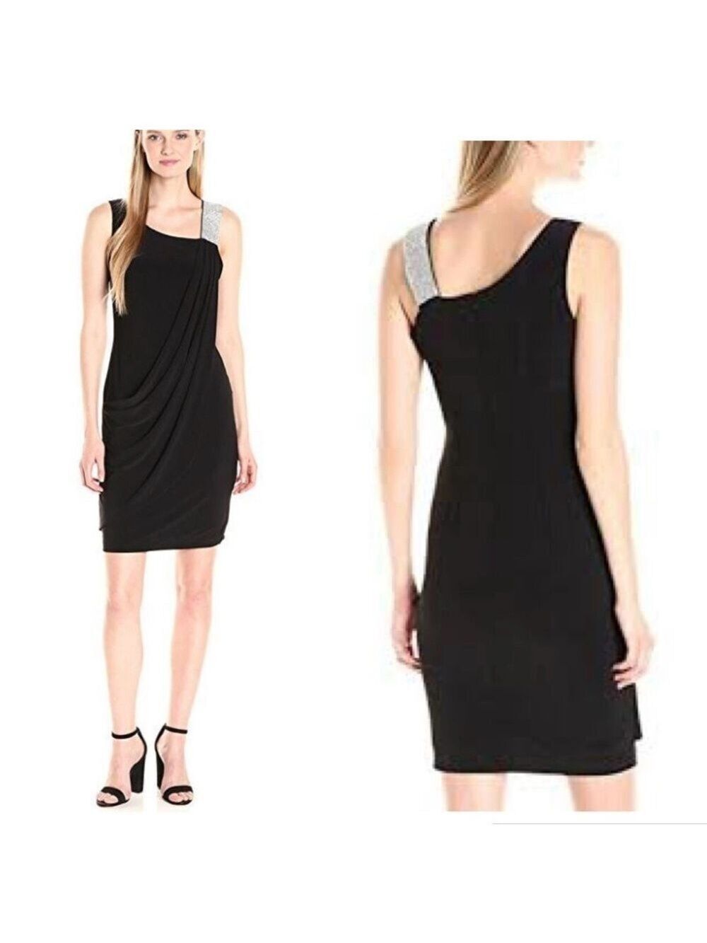 Lyman by Frank Lyman navy blue black draped asymmetrical rhinestone mini dress